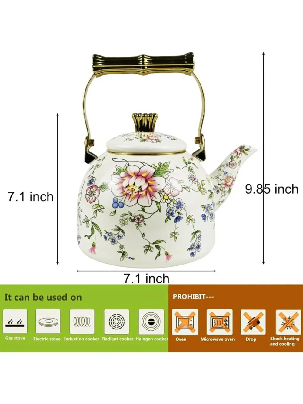 Vintage Floral Enamel Tea Kettle with Gold Handle, 2.5L Stovetop Teapot, Home